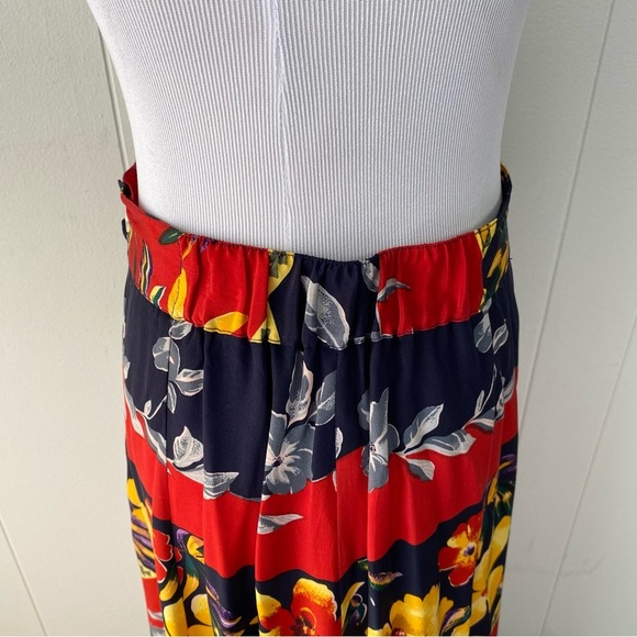 Silk Maxi Skirt Size Large FUDA Vintage Vibrant Red Yellow Blue Floral Tropical - Picture 2 of 16